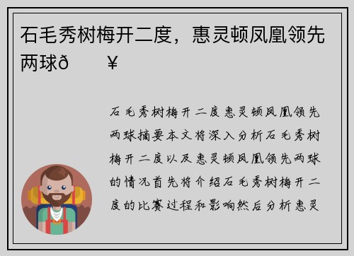 石毛秀树梅开二度，惠灵顿凤凰领先两球💥